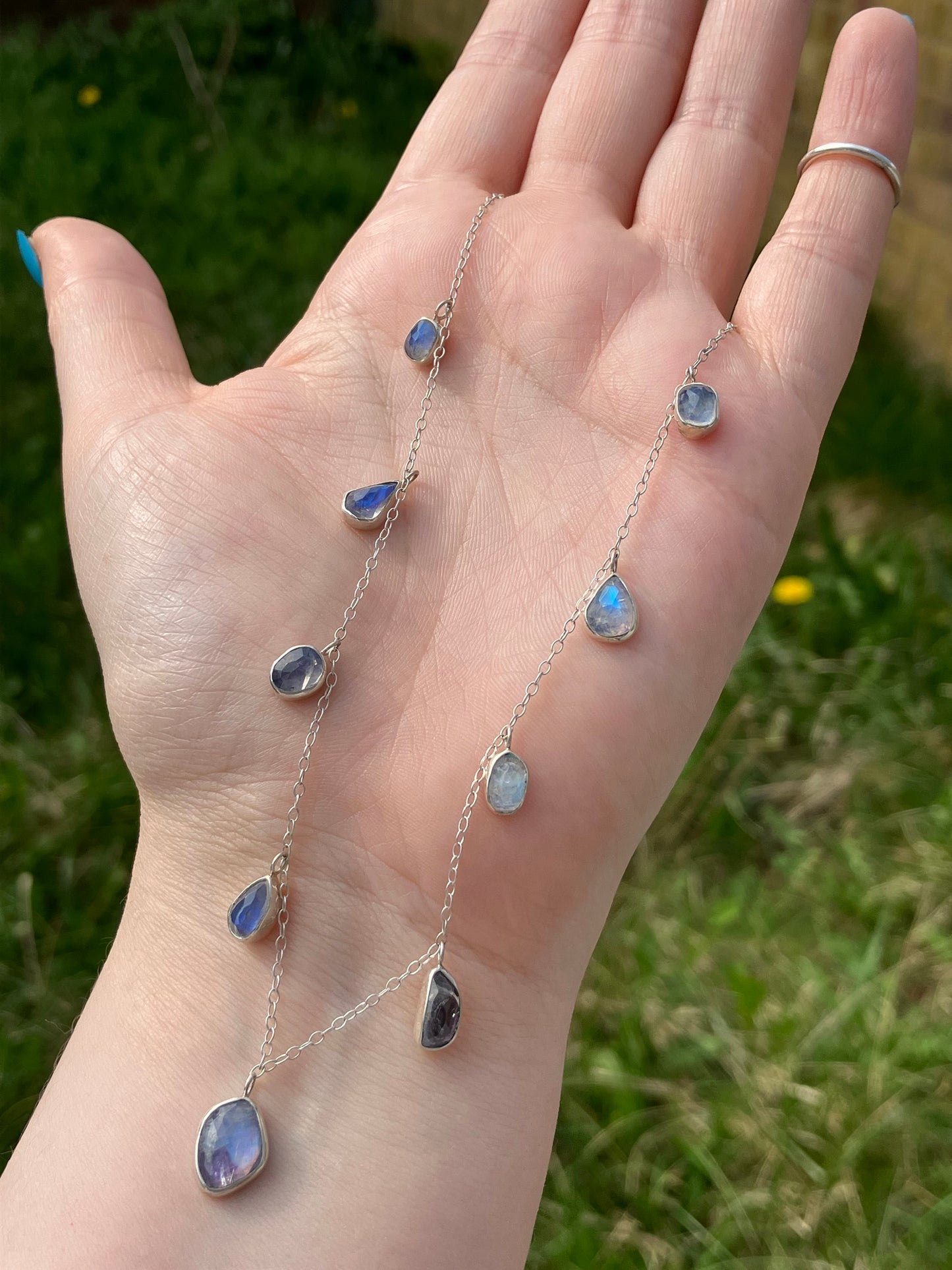Rainbow Moonstone and Sterling Silver Necklace with Sterling Silver Chain