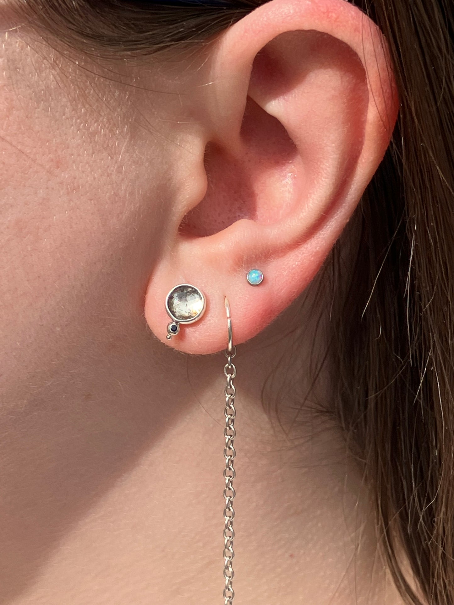 Moss Aquamarine, Black Sapphire and Sterling Silver Stud Earrings with Granulation Detail