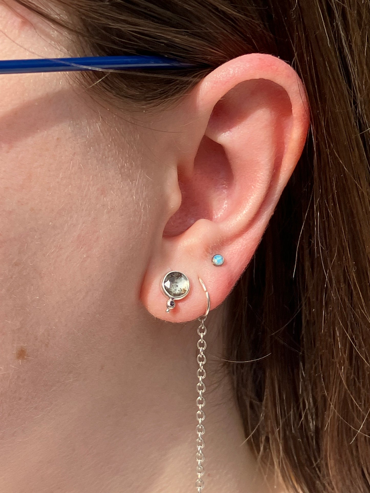 Moss Aquamarine, Black Sapphire and Sterling Silver Stud Earrings with Granulation Detail