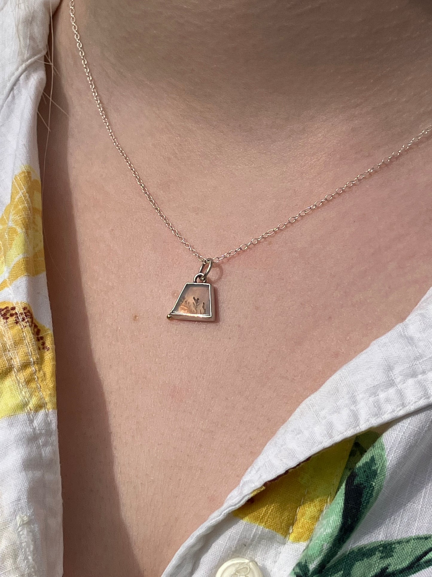 Dendritic Agate and Sterling Silver Pendant Necklace with 18ct Gold Granule on Sterling Silver Chain