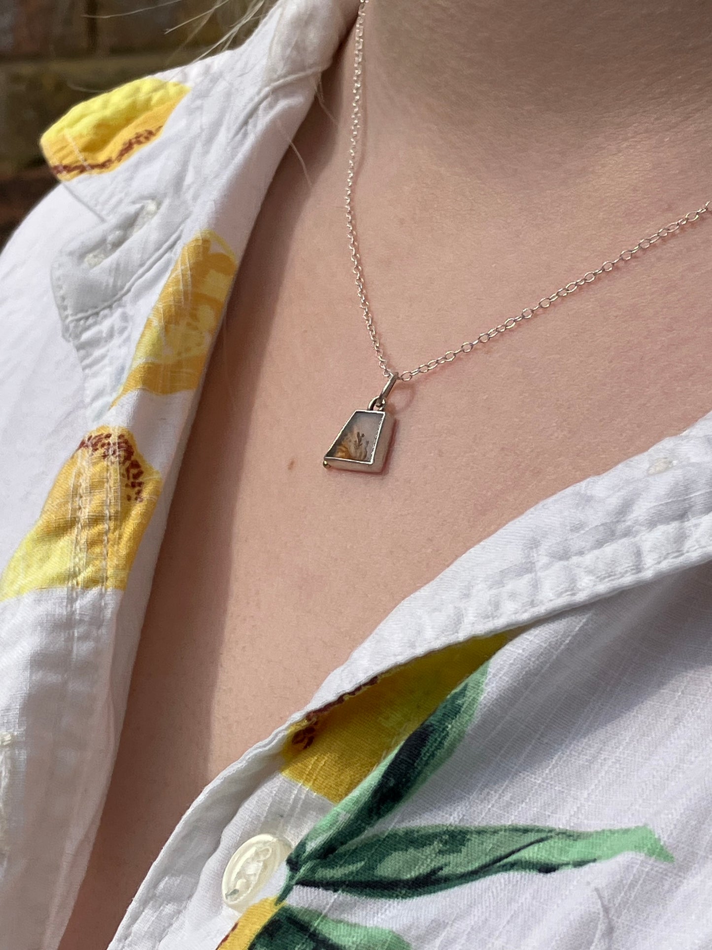 Dendritic Agate and Sterling Silver Pendant Necklace with 18ct Gold Granule on Sterling Silver Chain