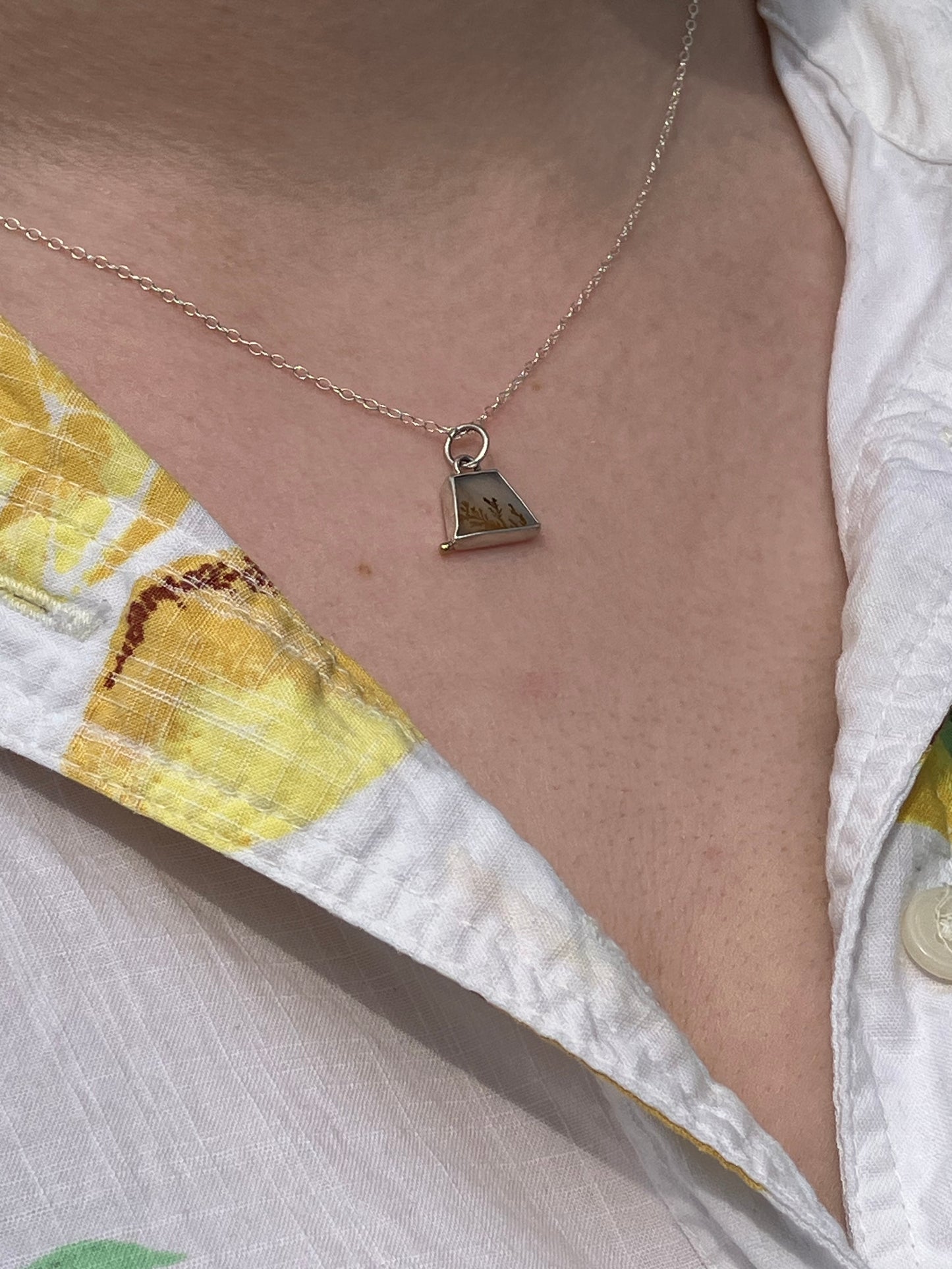 Dendritic Agate and Sterling Silver Pendant Necklace with 18ct Gold Granule on Sterling Silver Chain