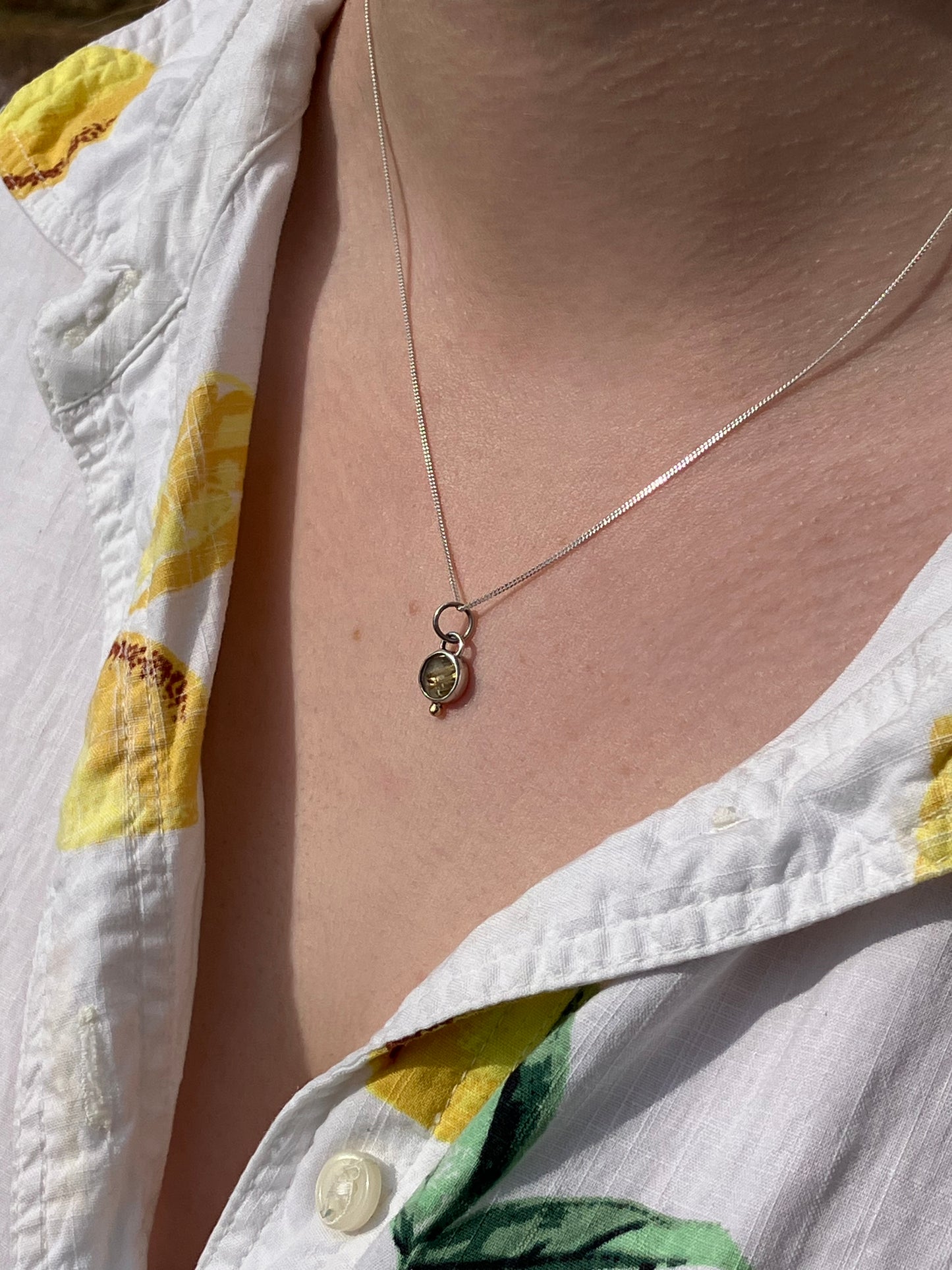 Rutilated Quartz and Sterling Silver Pendant Necklace with 18ct Gold Granule on Sterling Silver Chain