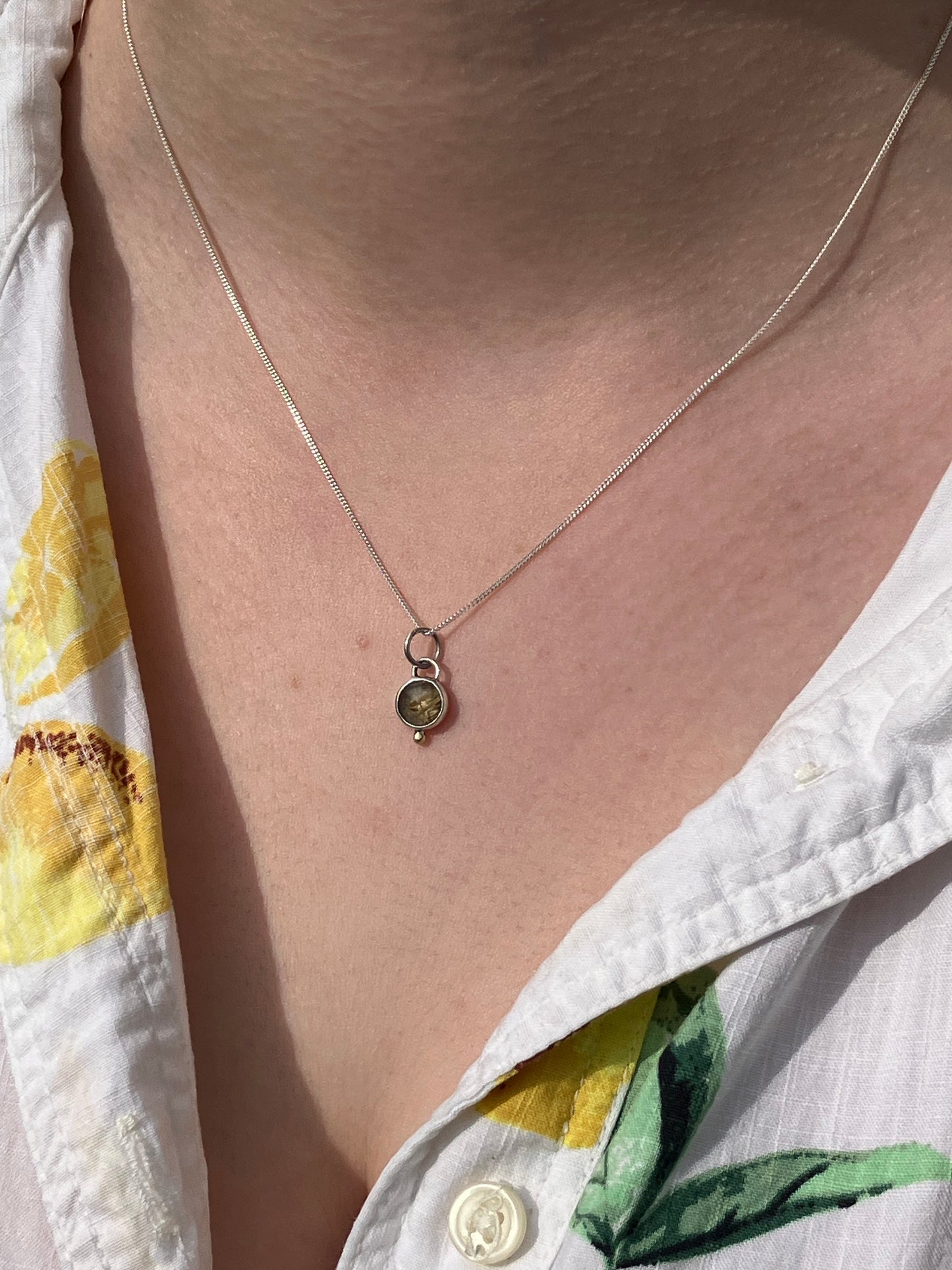 Rutilated Quartz and Sterling Silver Pendant Necklace with 18ct Gold Granule on Sterling Silver Chain