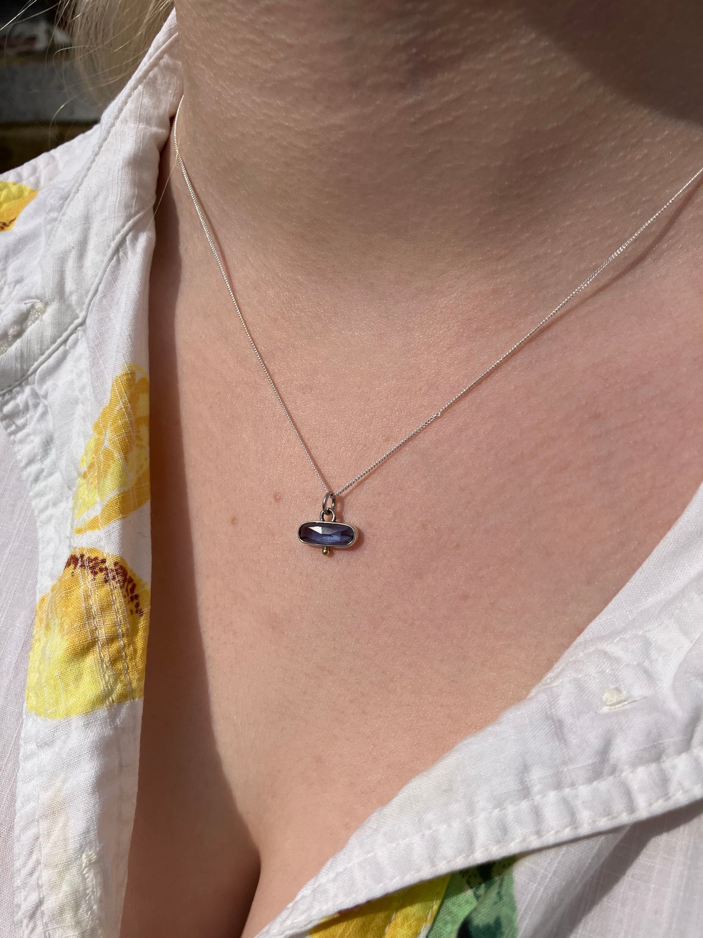 Blue Kyanite and Sterling Silver Pendant Necklaces with 18ct Gold Granules on Sterling Silver Chains