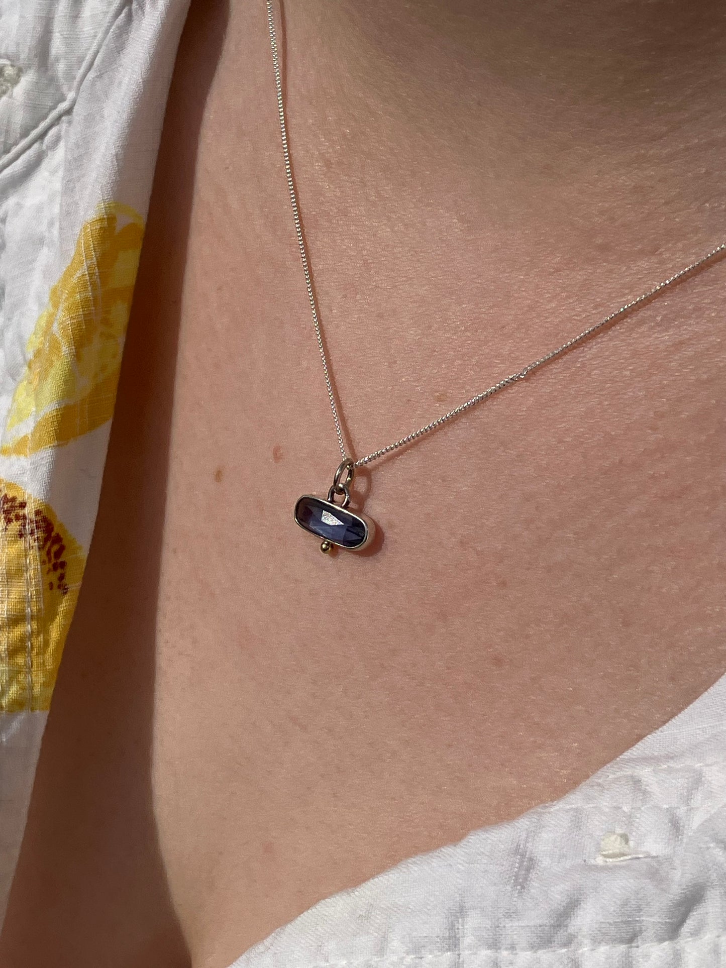 Blue Kyanite and Sterling Silver Pendant Necklaces with 18ct Gold Granules on Sterling Silver Chains