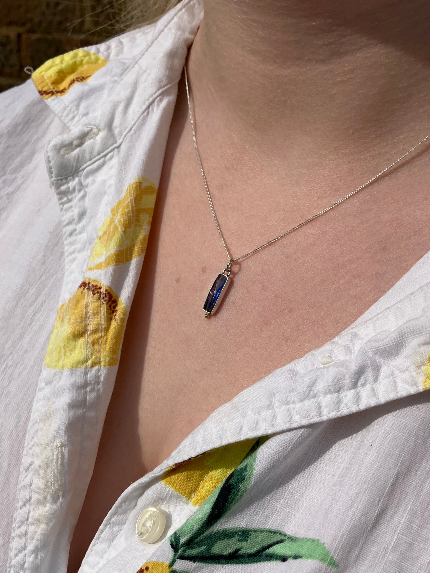 Blue Kyanite and Sterling Silver Pendant Necklaces with 18ct Gold Granules on Sterling Silver Chains
