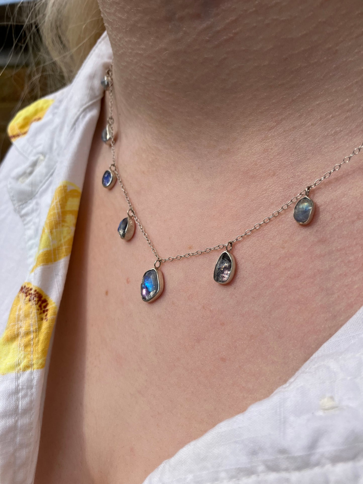 Rainbow Moonstone and Sterling Silver Necklace with Sterling Silver Chain