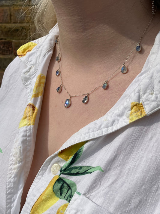 Rainbow Moonstone and Sterling Silver Necklace with Sterling Silver Chain