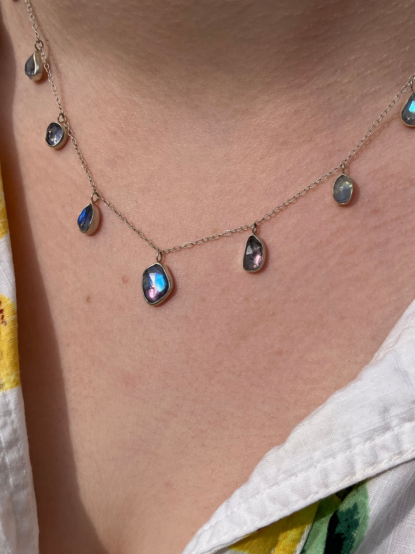Rainbow Moonstone and Sterling Silver Necklace with Sterling Silver Chain