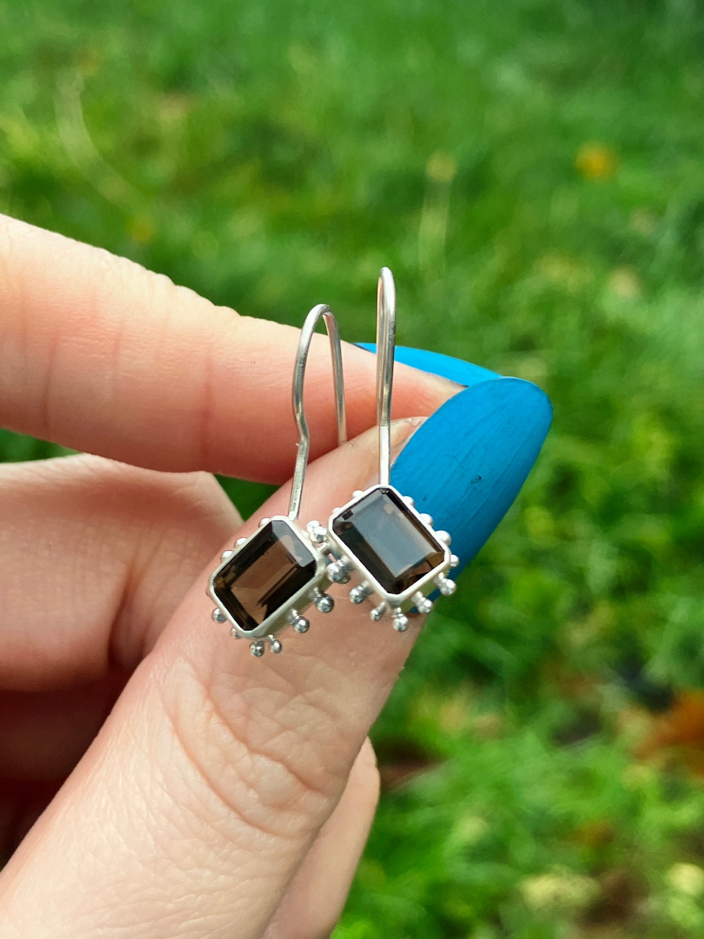 Smoky Quartz and Sterling Silver Granulation Dangly Earrings