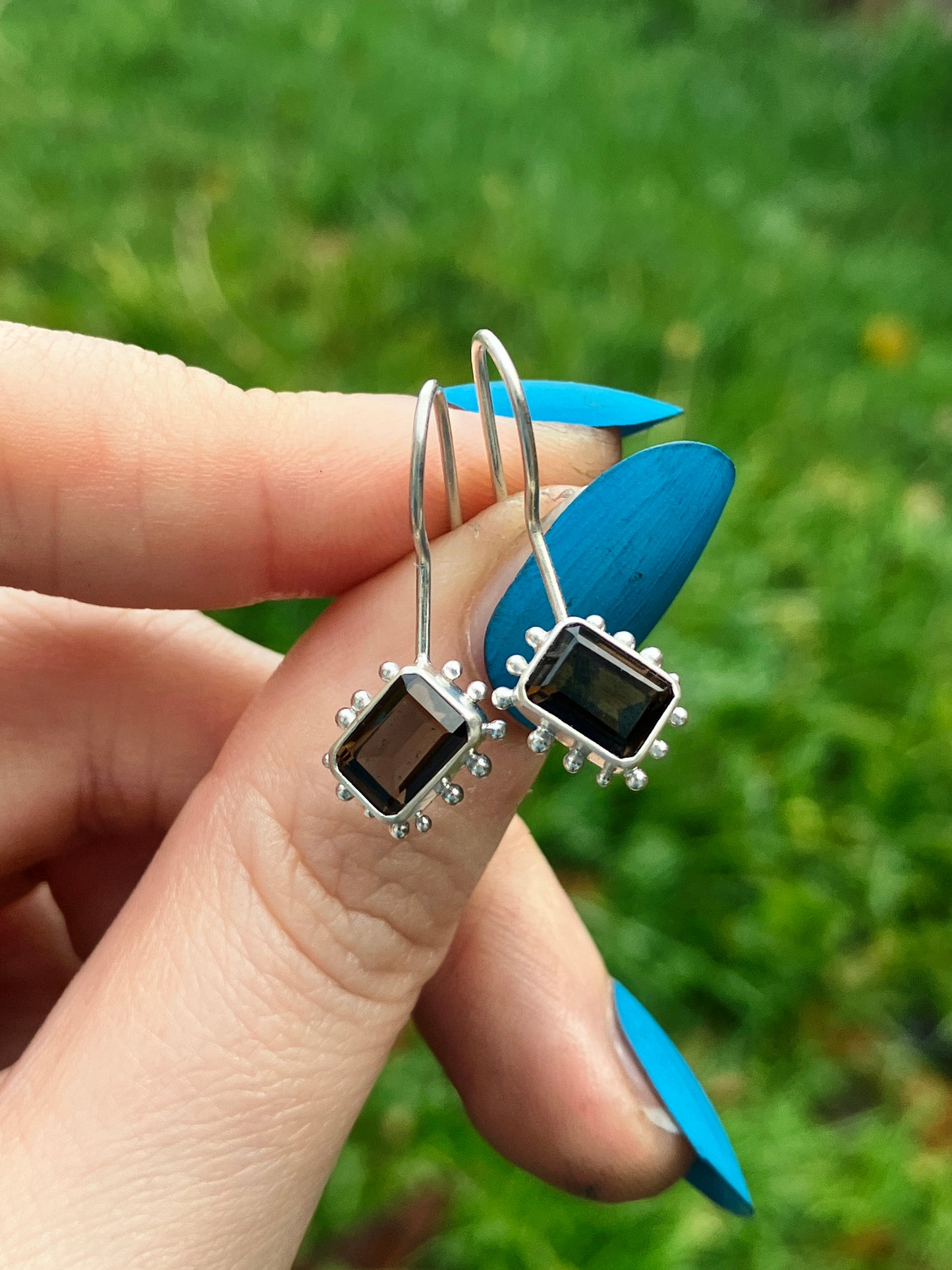 Smoky Quartz and Sterling Silver Granulation Dangly Earrings