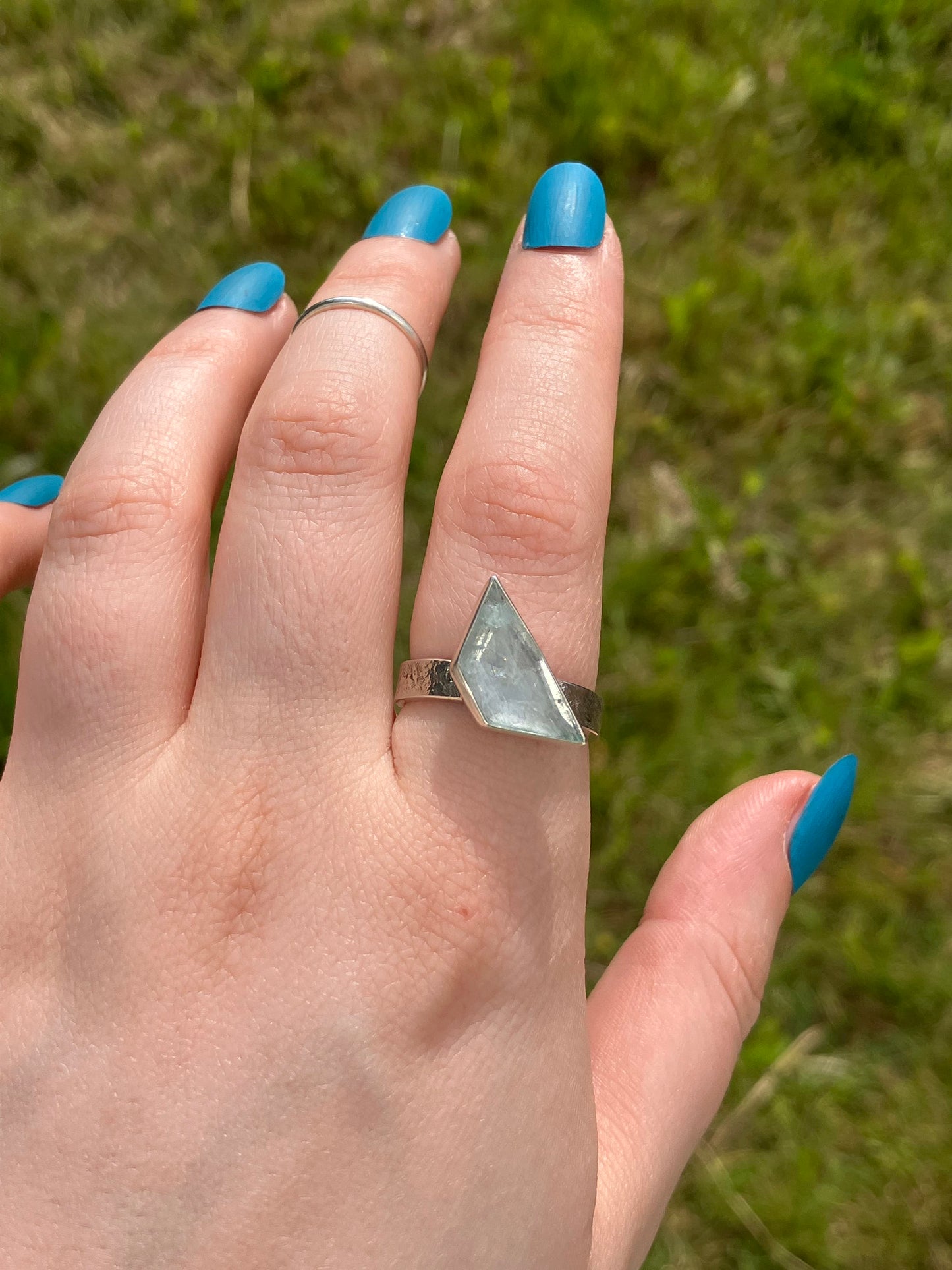 Aquamarine and Sterling Silver Textured Statement Ring - UK Size Q1/2 / US Size 8.5