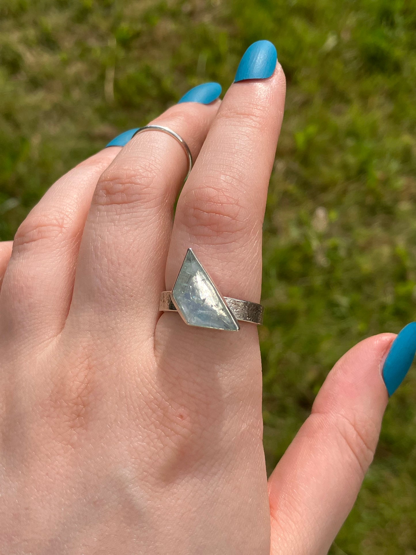 Aquamarine and Sterling Silver Textured Statement Ring - UK Size Q1/2 / US Size 8.5
