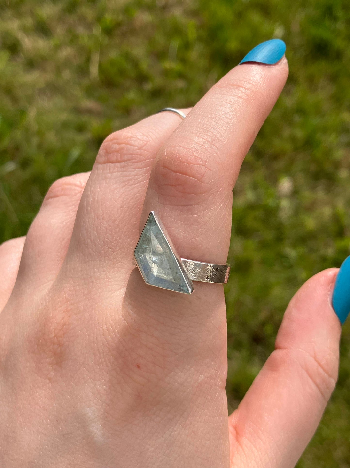 Aquamarine and Sterling Silver Textured Statement Ring - UK Size Q1/2 / US Size 8.5