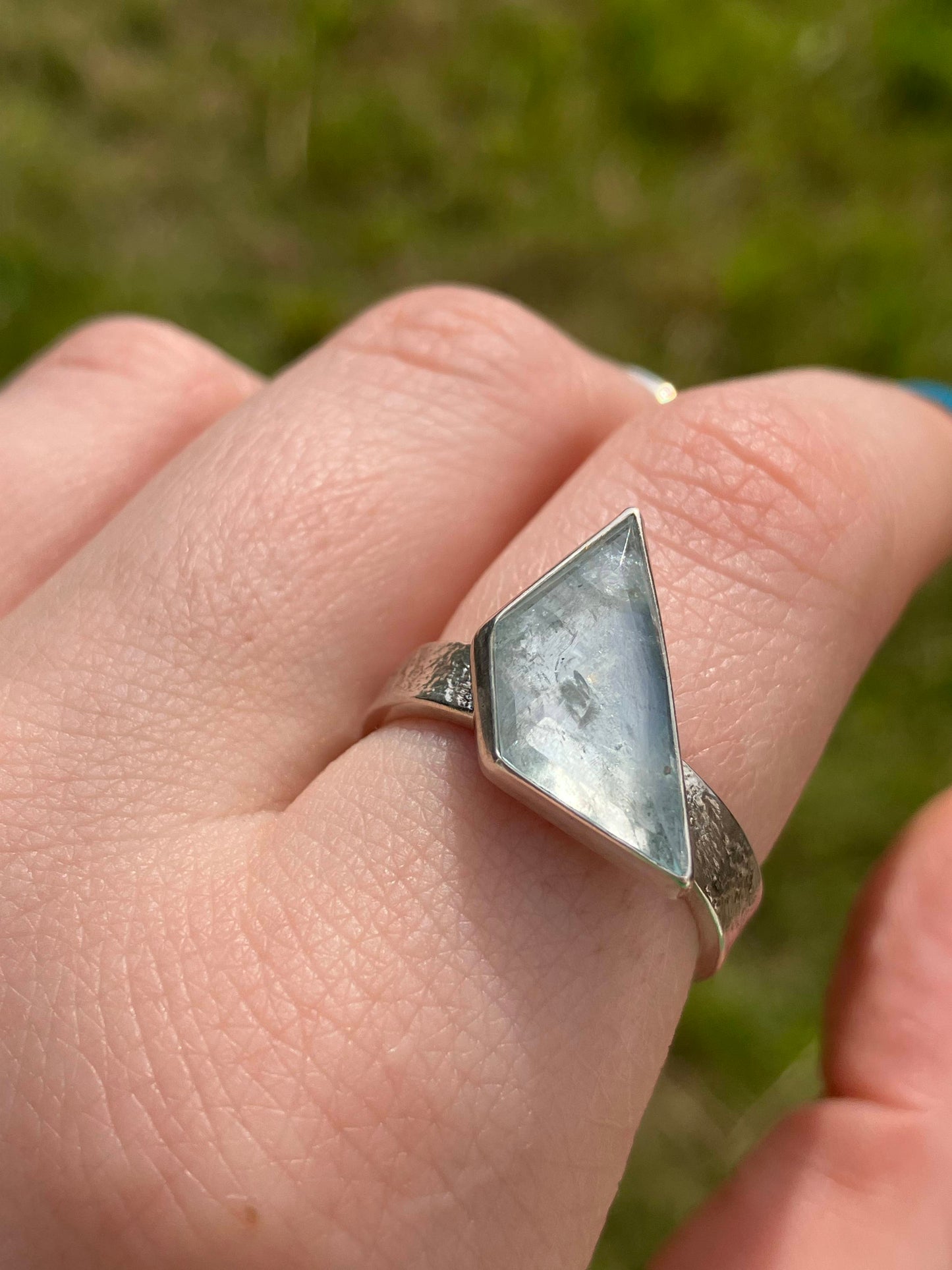 Aquamarine and Sterling Silver Textured Statement Ring - UK Size Q1/2 / US Size 8.5