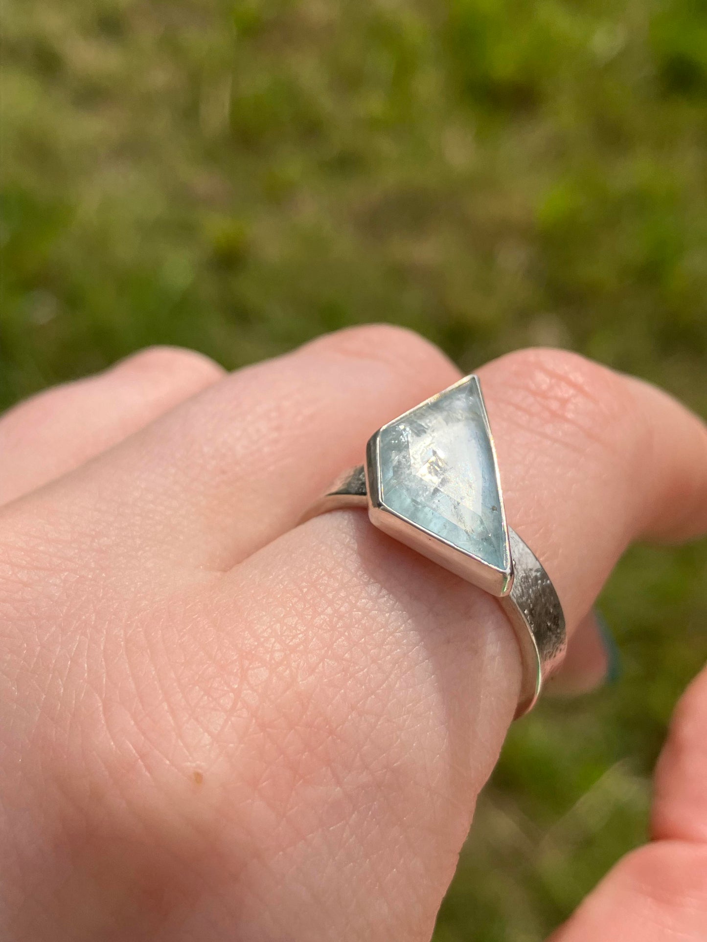Aquamarine and Sterling Silver Textured Statement Ring - UK Size Q1/2 / US Size 8.5