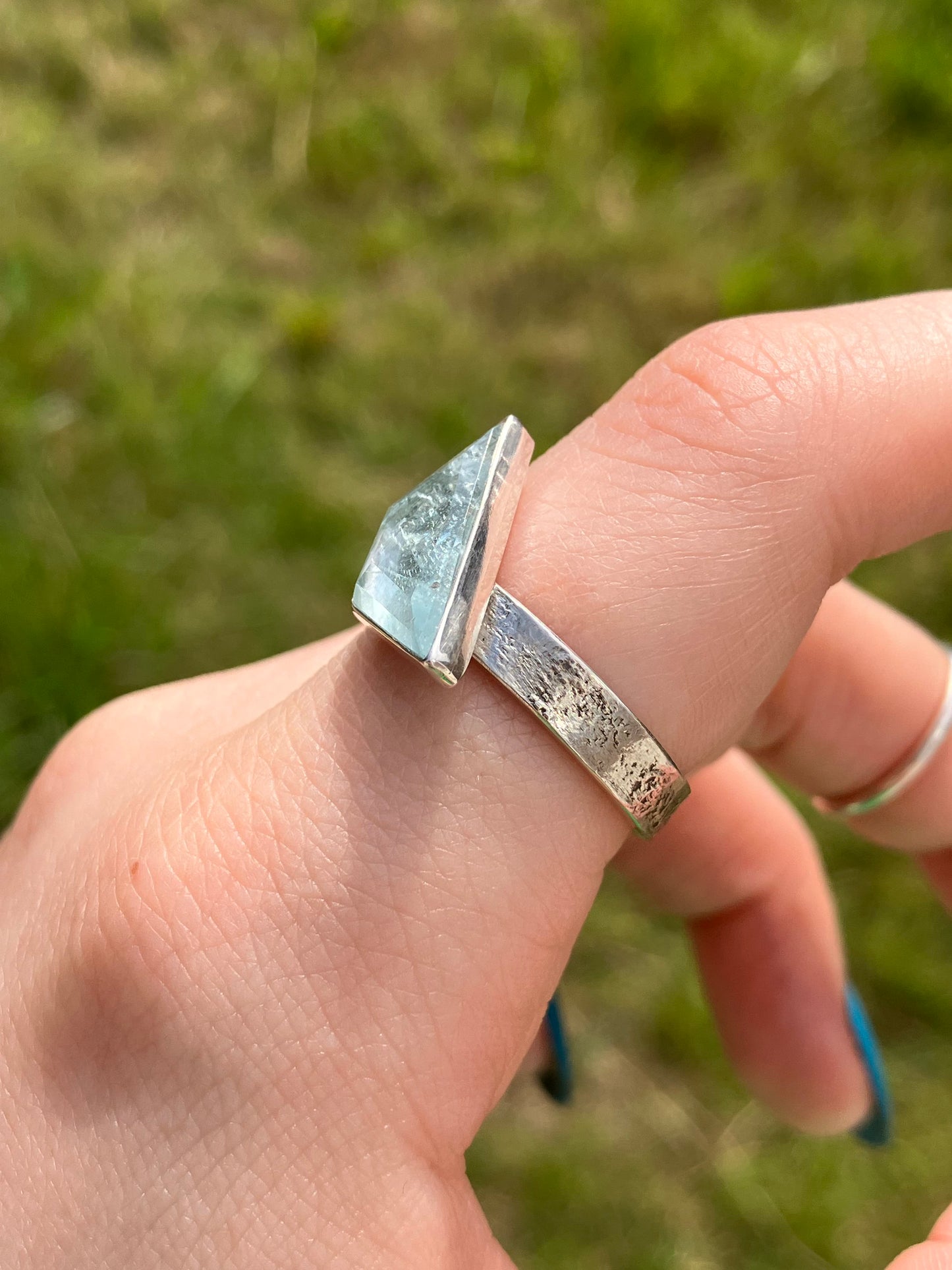Aquamarine and Sterling Silver Textured Statement Ring - UK Size Q1/2 / US Size 8.5