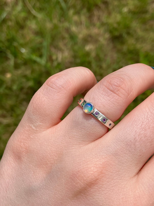 Opal, Peridot, Emerald, Sapphire, Tsavorite, Topaz, Sapphire, Alexandrite, Iolite, Amethyst and Sterling Silver Ring