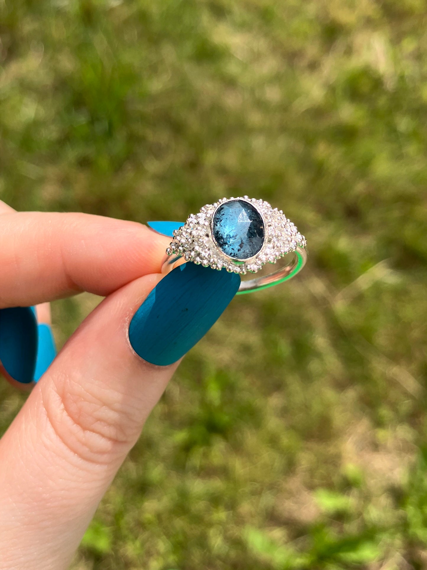 Teal Moss Kyanite and Sterling Silver Statement Ring with Granulation - UK Size P / US Size 7.75