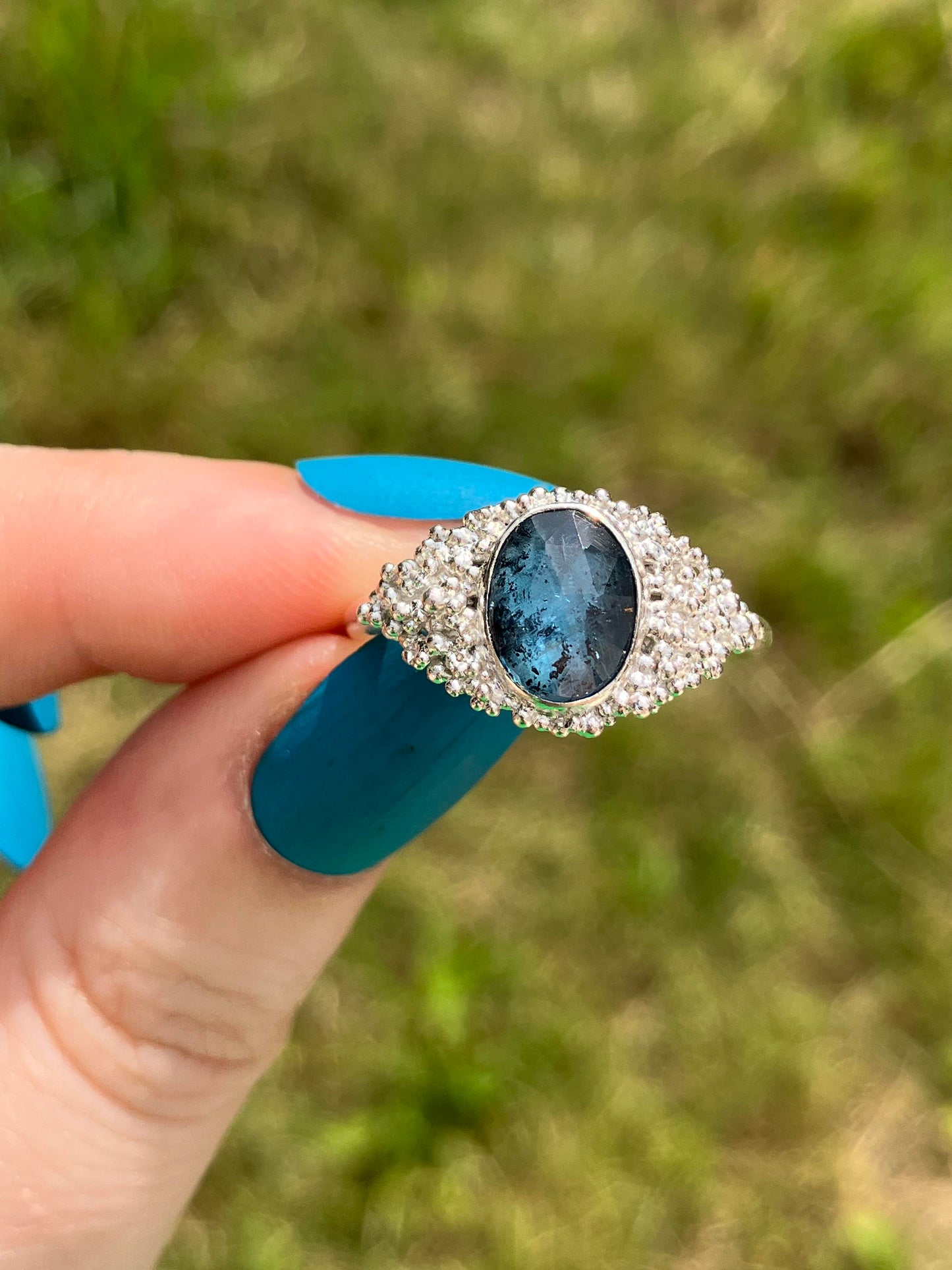 Teal Moss Kyanite and Sterling Silver Statement Ring with Granulation - UK Size P / US Size 7.75