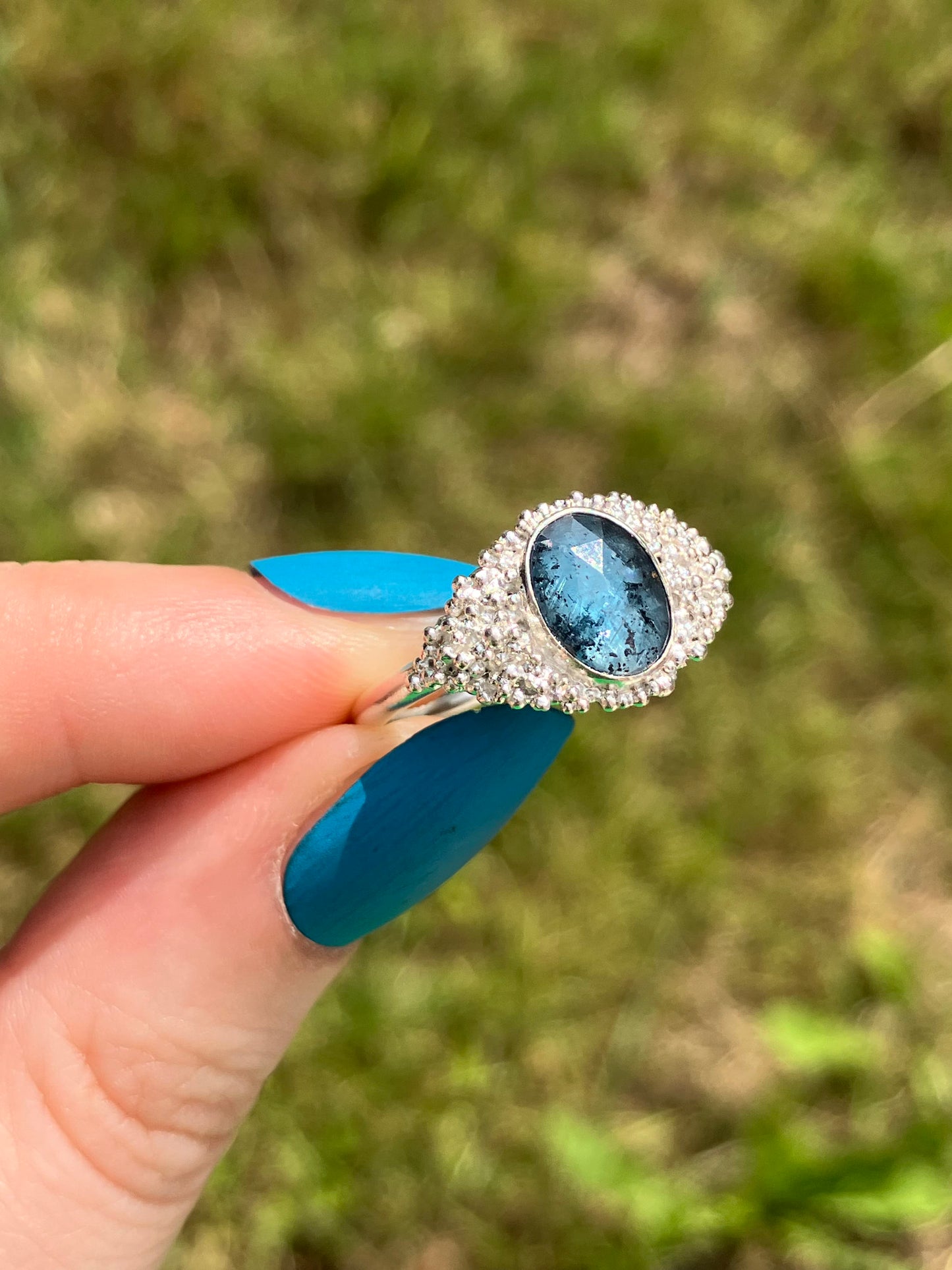 Teal Moss Kyanite and Sterling Silver Statement Ring with Granulation - UK Size P / US Size 7.75