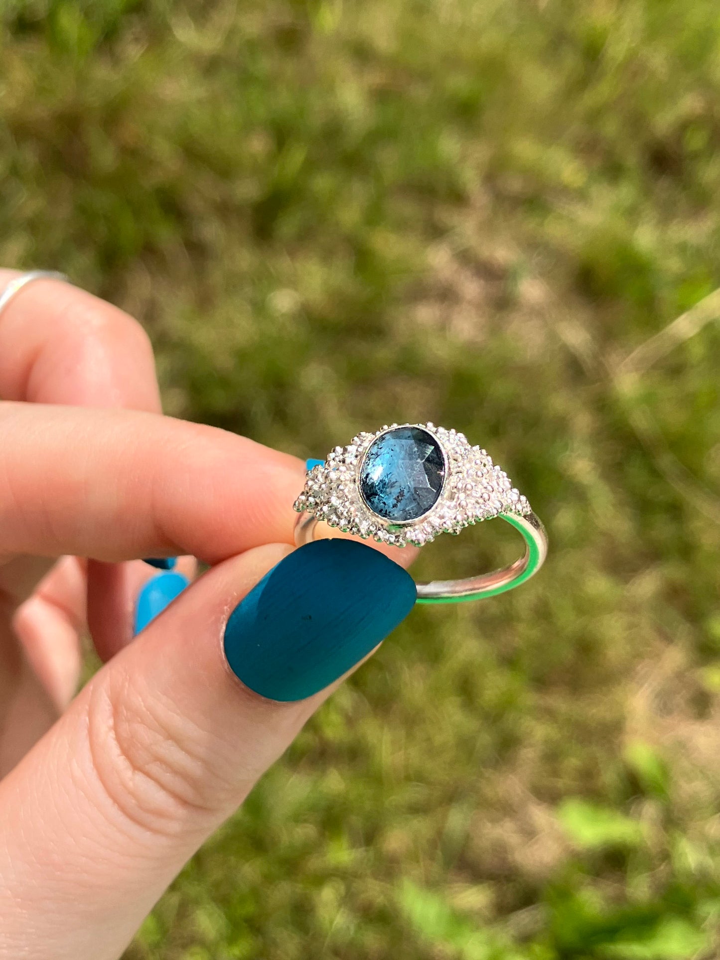 Teal Moss Kyanite and Sterling Silver Statement Ring with Granulation - UK Size P / US Size 7.75
