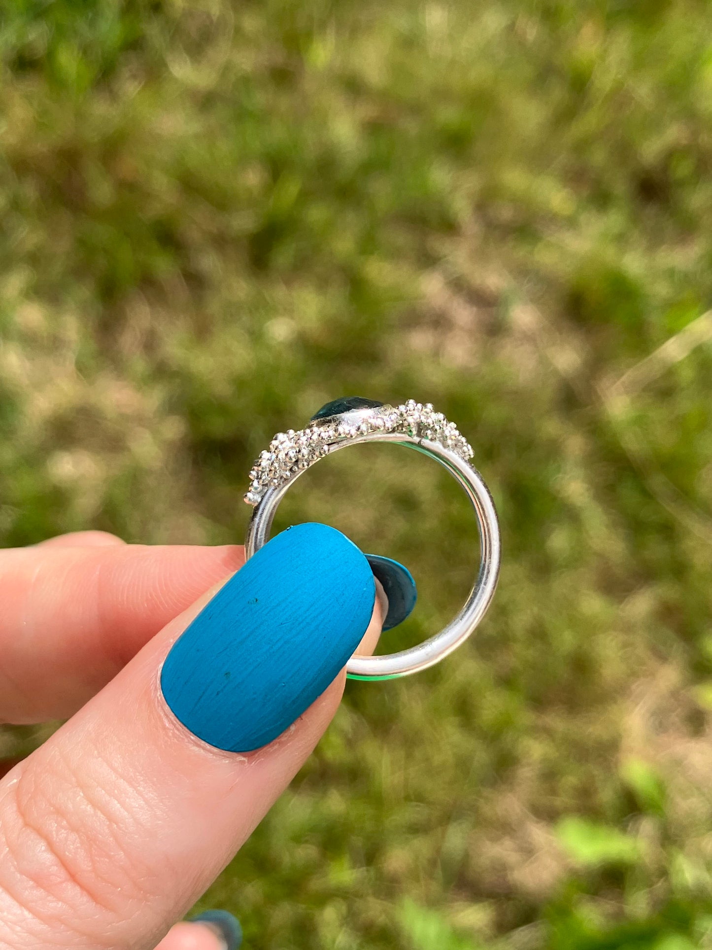 Teal Moss Kyanite and Sterling Silver Statement Ring with Granulation - UK Size P / US Size 7.75