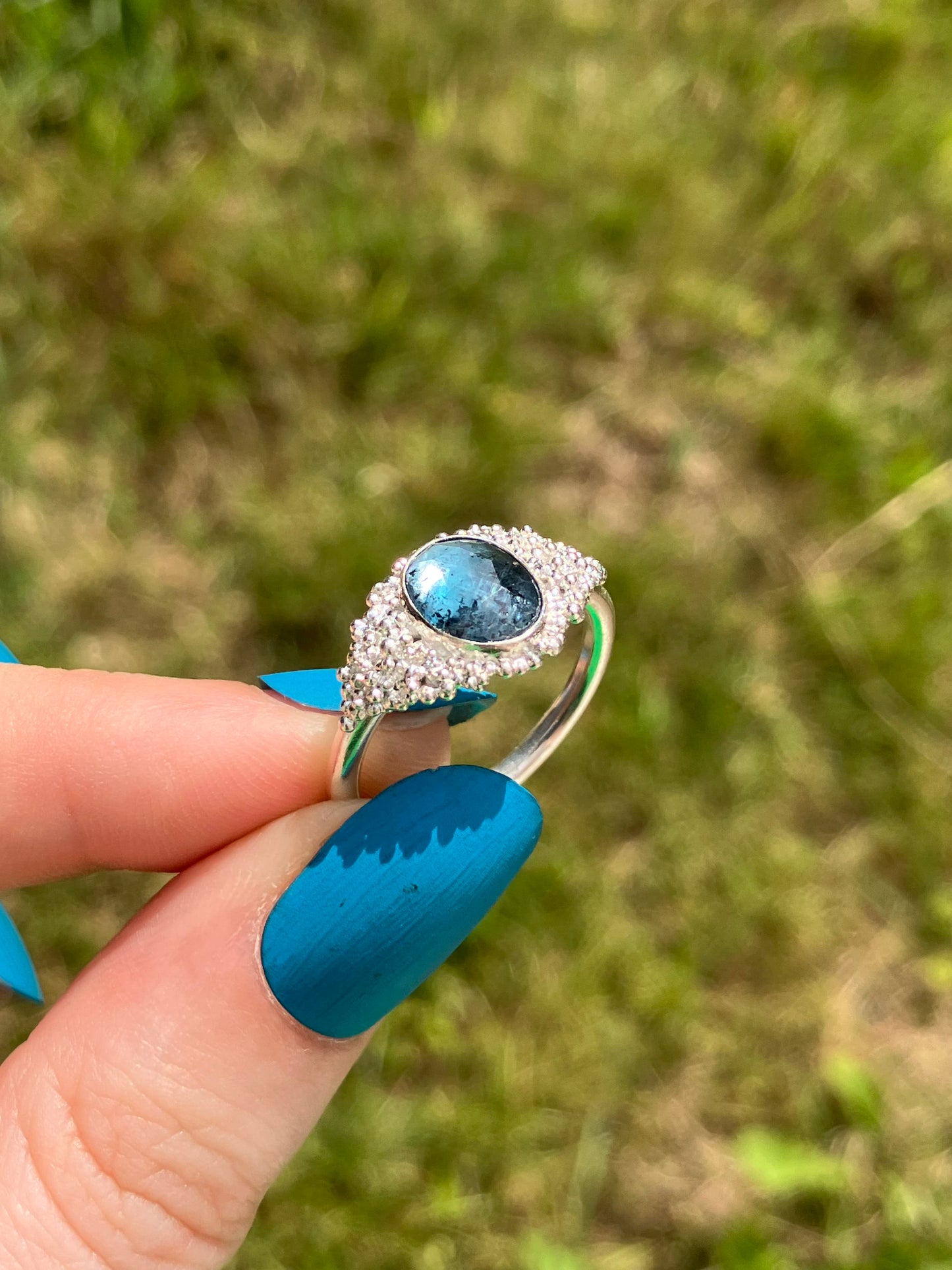 Teal Moss Kyanite and Sterling Silver Statement Ring with Granulation - UK Size P / US Size 7.75