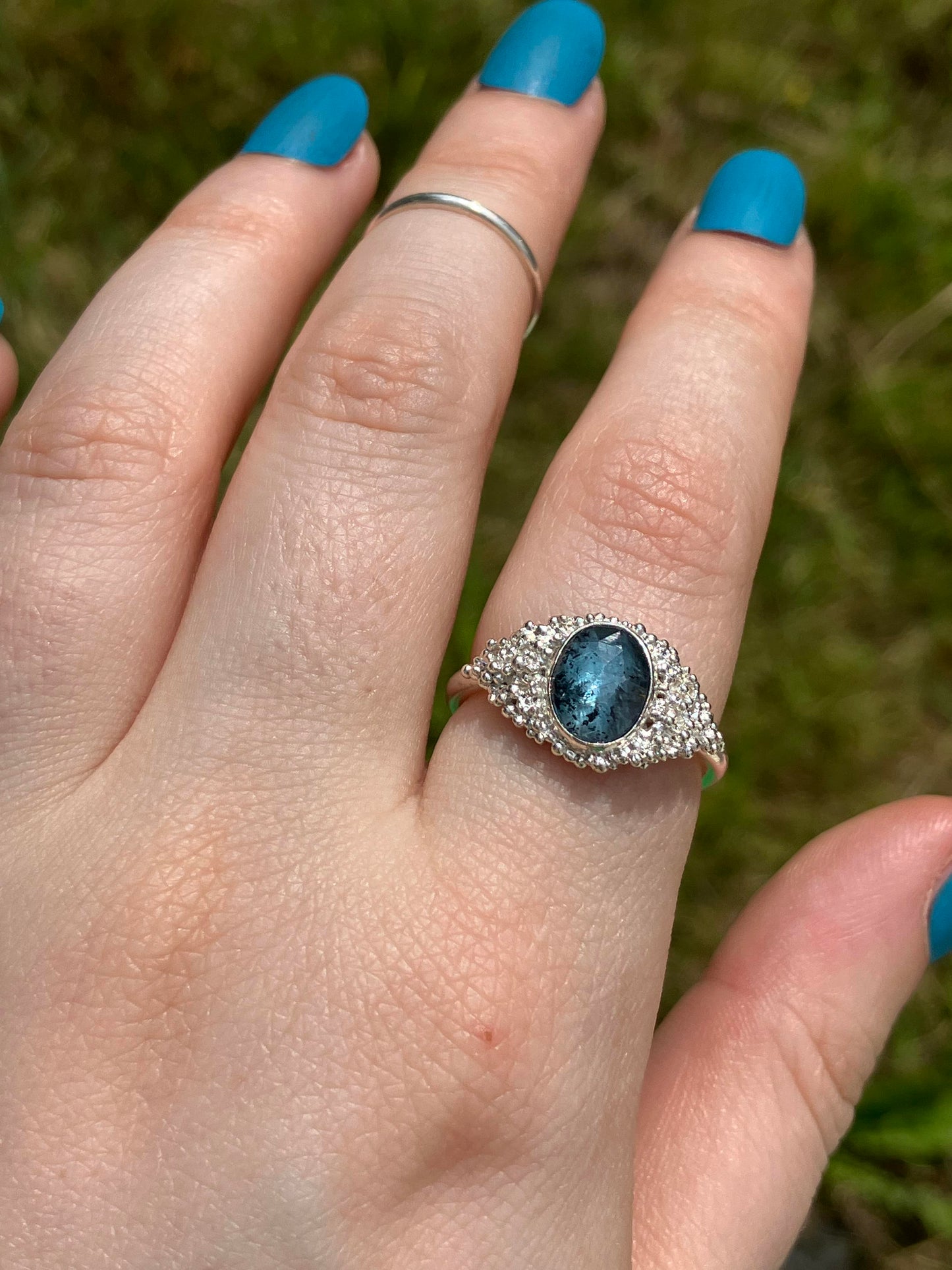 Teal Moss Kyanite and Sterling Silver Statement Ring with Granulation - UK Size P / US Size 7.75