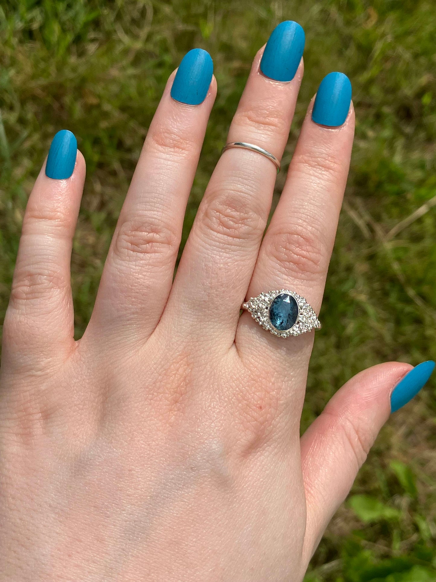 Teal Moss Kyanite and Sterling Silver Statement Ring with Granulation - UK Size P / US Size 7.75