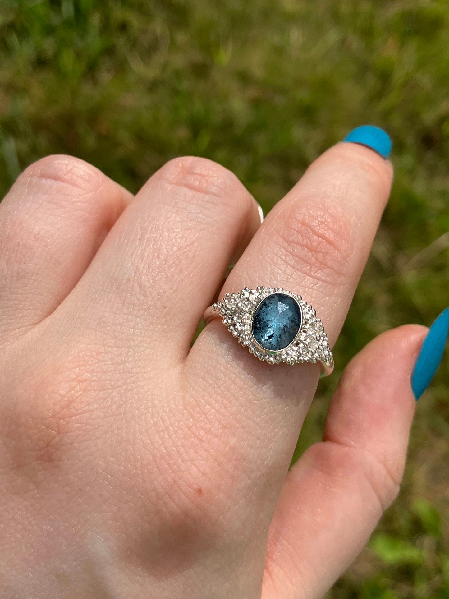 Teal Moss Kyanite and Sterling Silver Statement Ring with Granulation - UK Size P / US Size 7.75