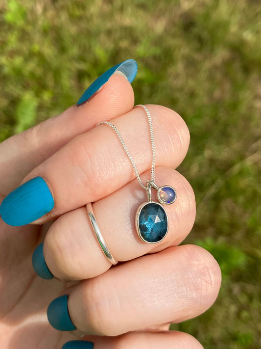 Teal Moss Kyanite, Ethiopian Opal and Sterling Silver Pendant Necklace on Sterling Silver Chain