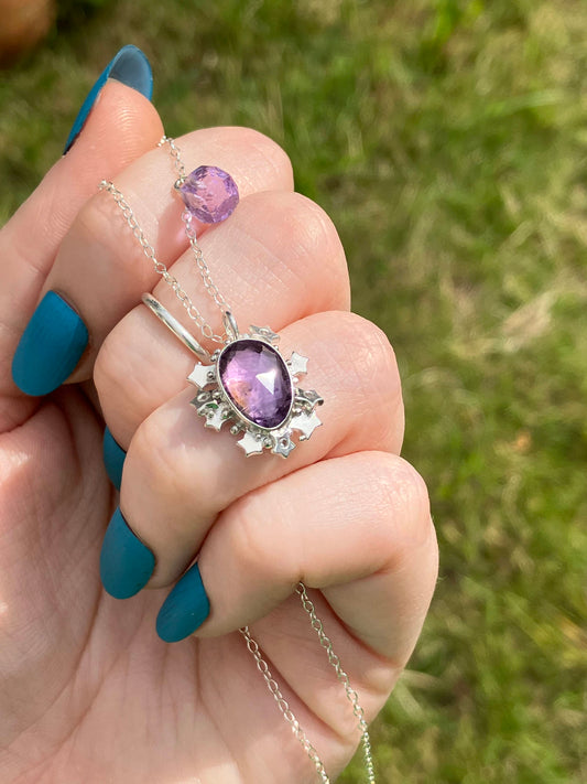 Amethyst, White Topaz and Sterling Silver Pendant Necklace on Sterling Silver Chain with Amethyst Detail