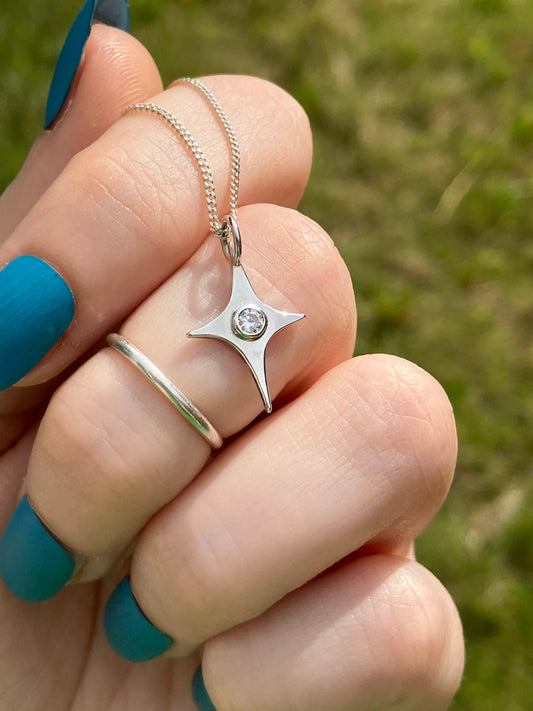 Cubic Zirconia and Sterling Silver Star Pendant Necklace on Sterling Silver Chain