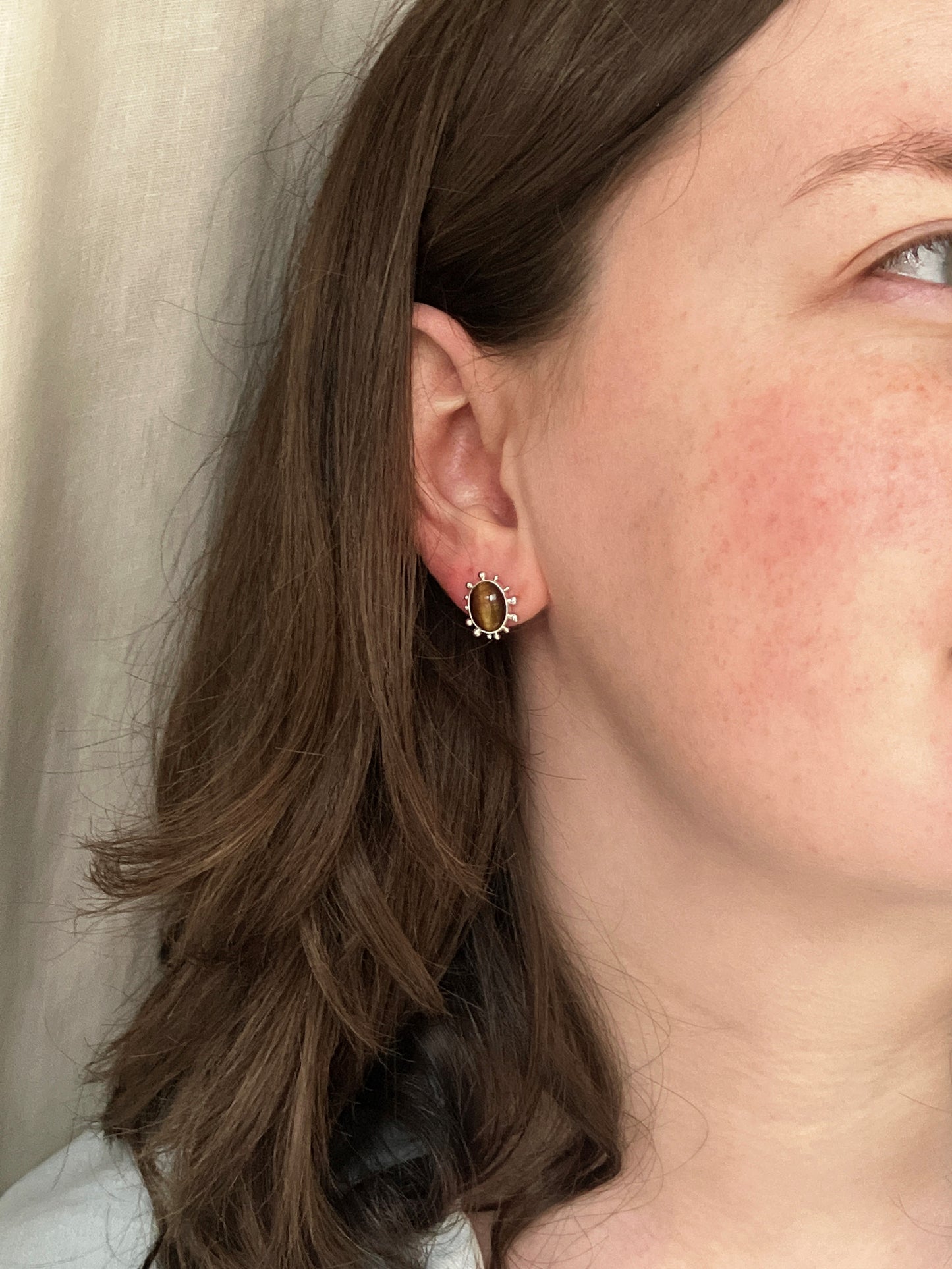 Espresso Martini - Tiger's Eye and Sterling Silver Stud Earrings with Granulation Detail