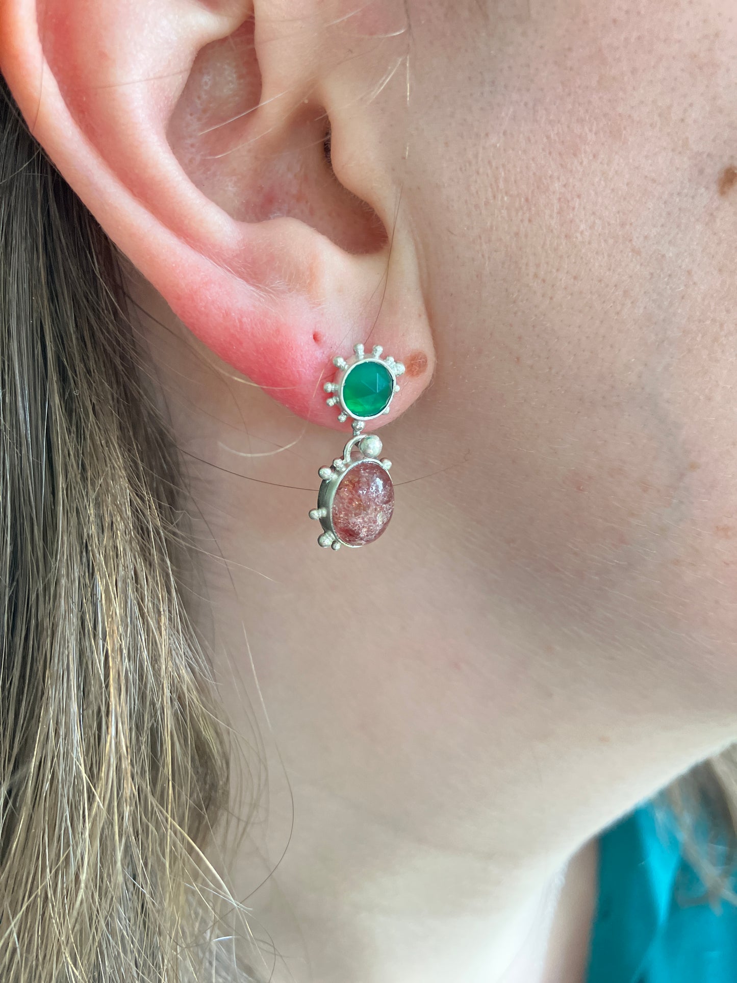 Strawberry Daiquiri Earrings - Green Agate, Strawberry Quartz and Recycled Sterling Silver Stud Dangly Earrings with Granulation