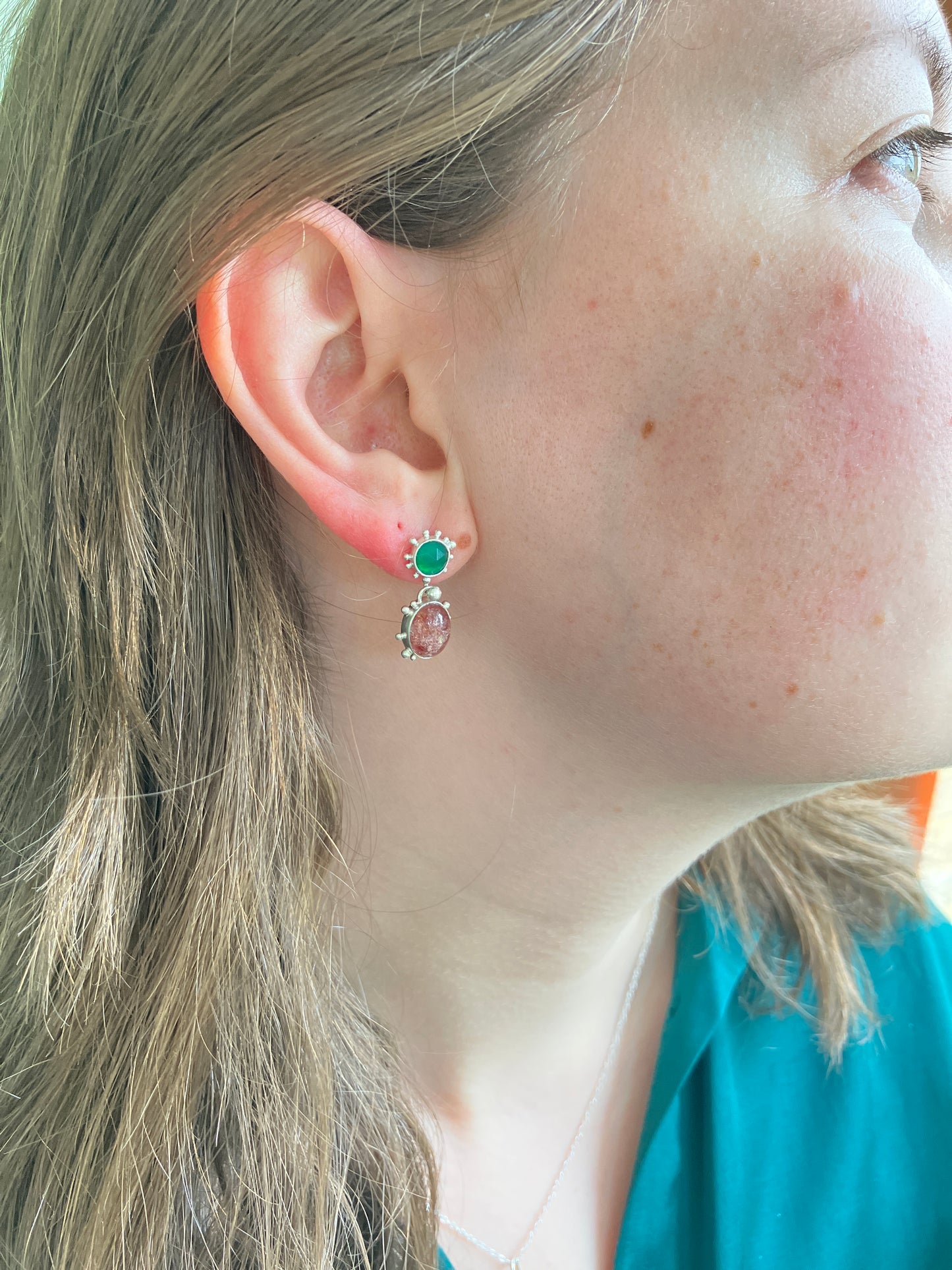 Strawberry Daiquiri Earrings - Green Agate, Strawberry Quartz and Recycled Sterling Silver Stud Dangly Earrings with Granulation