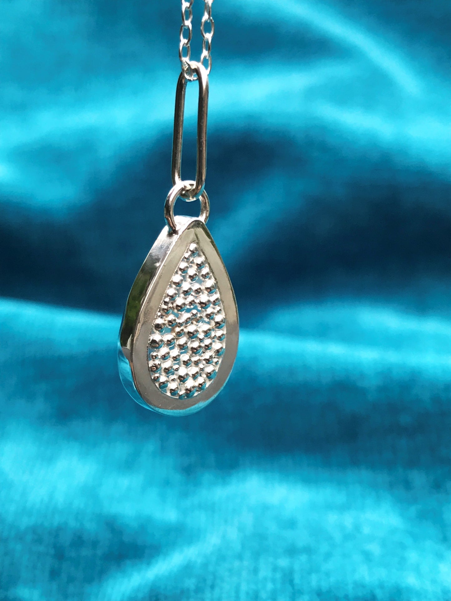 Rutilated Quartz and Sterling Silver Granulation Backed Teardrop Pendant Necklace