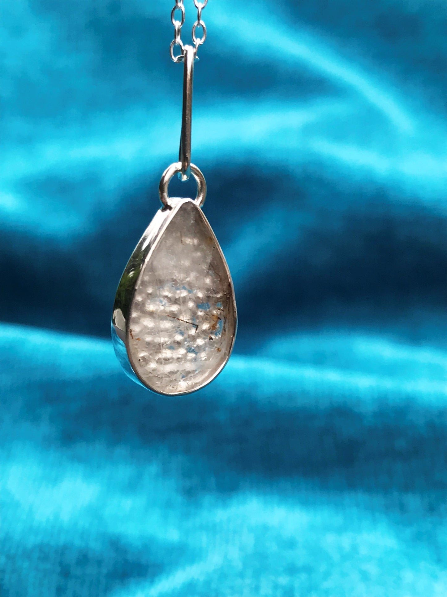 Rutilated Quartz and Sterling Silver Granulation Backed Teardrop Pendant Necklace