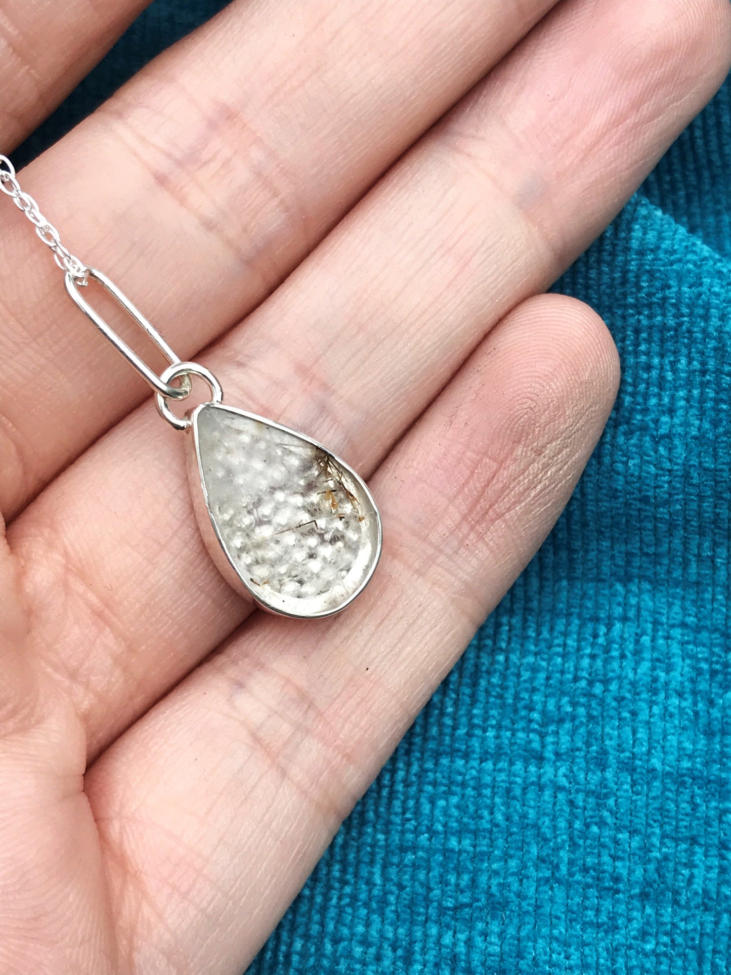 Rutilated Quartz and Sterling Silver Granulation Backed Teardrop Pendant Necklace