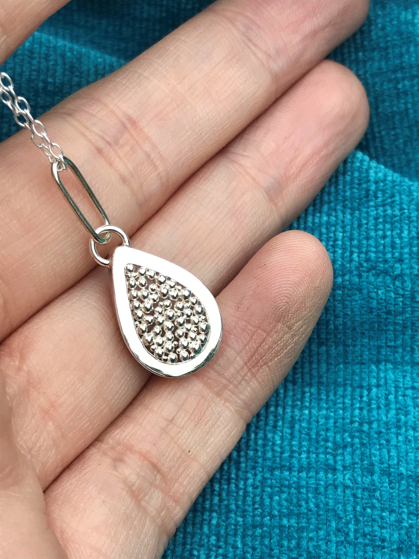 Rutilated Quartz and Sterling Silver Granulation Backed Teardrop Pendant Necklace