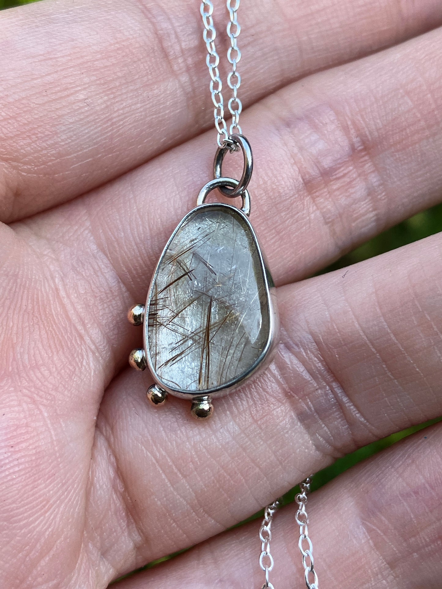 Rutilated Quartz, 9ct Rose Gold and Sterling Silver Granulation Pendant Necklace