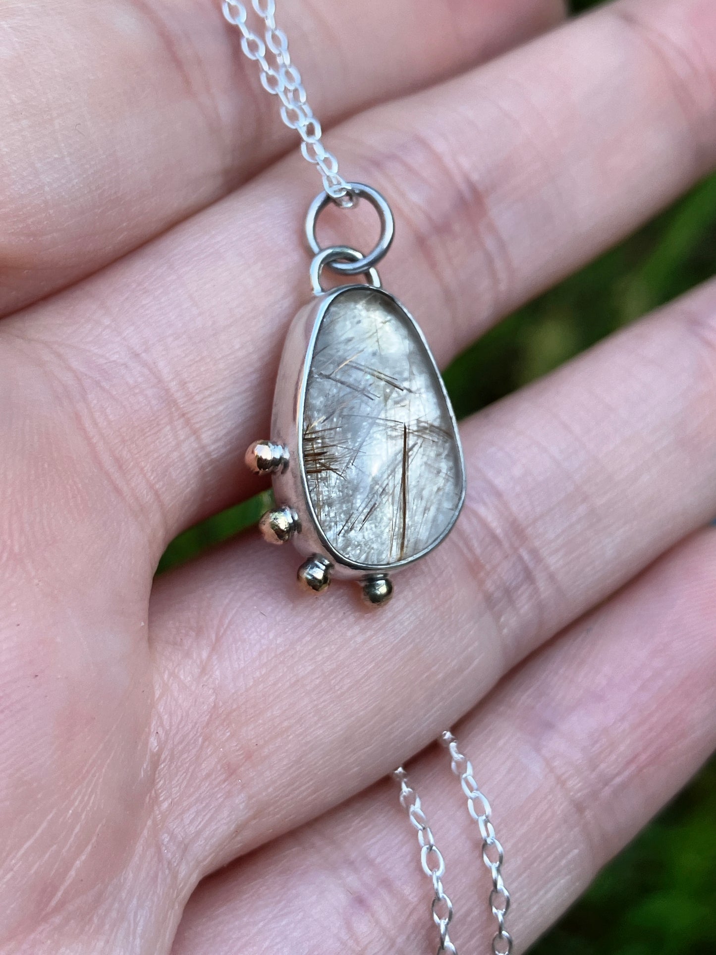 Rutilated Quartz, 9ct Rose Gold and Sterling Silver Granulation Pendant Necklace