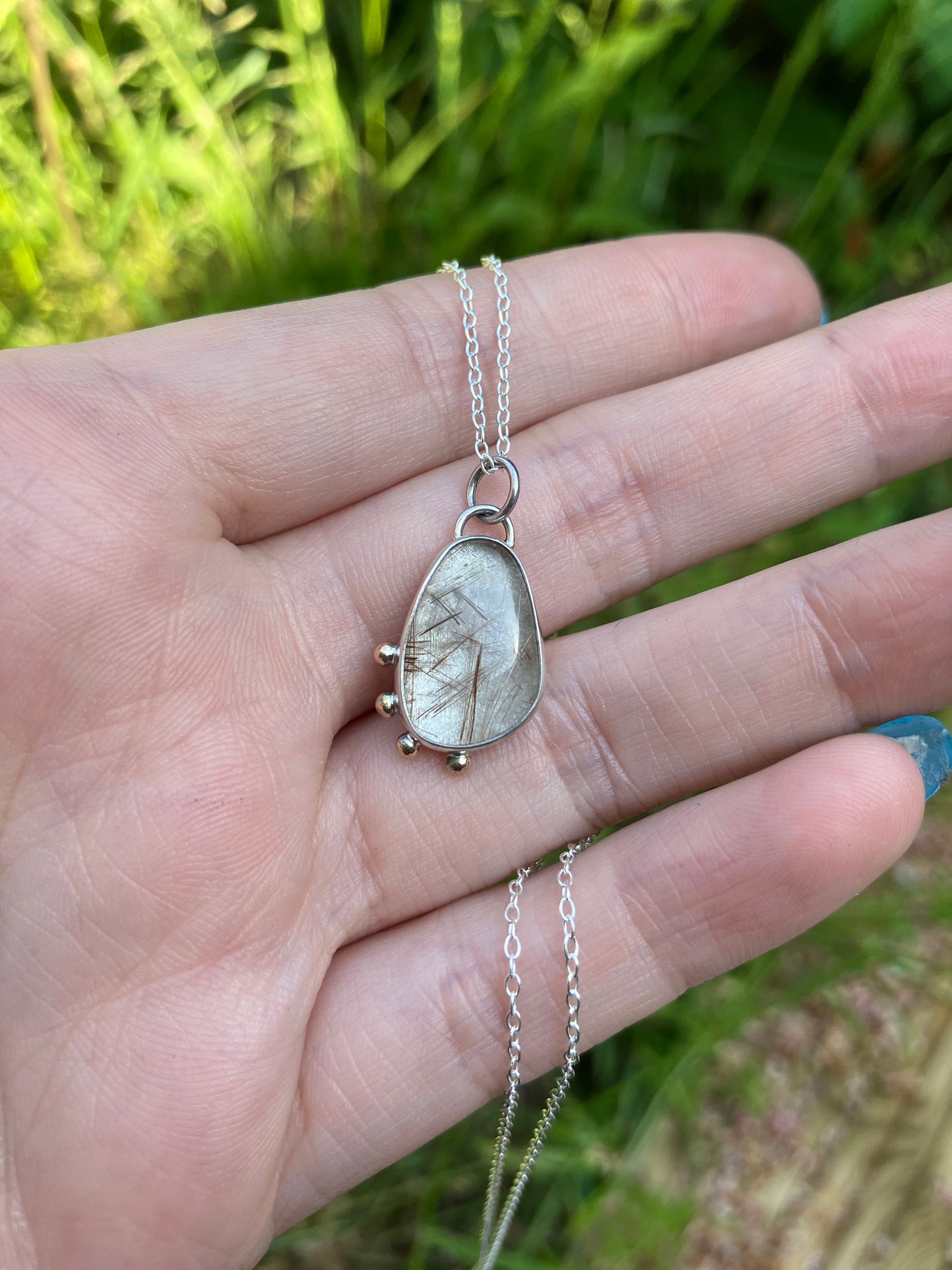 Rutilated Quartz, 9ct Rose Gold and Sterling Silver Granulation Pendant Necklace
