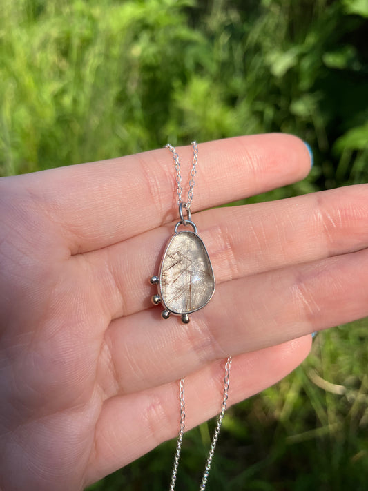 Rutilated Quartz, 9ct Rose Gold and Sterling Silver Granulation Pendant Necklace