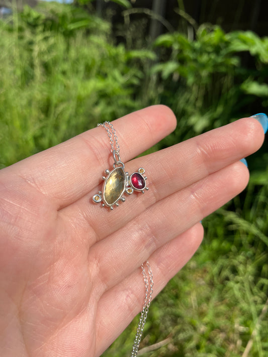 Citrine, Garnet and Recycled Sterling Silver Granulation Pendant Necklace on Sterling Silver Chain