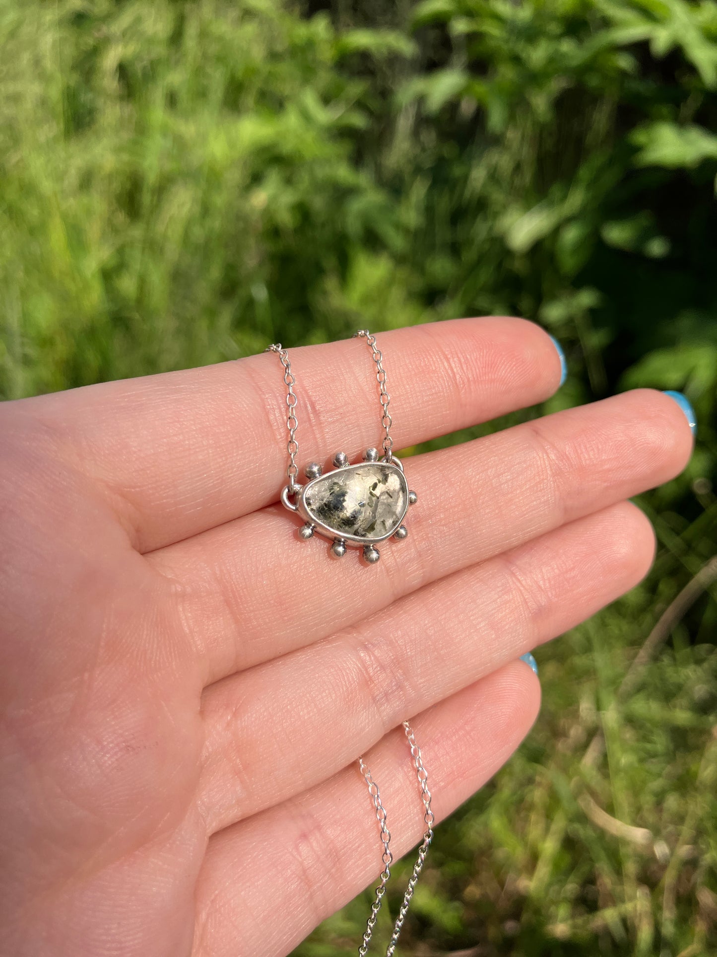 Freeform Tourmalinated Quartz and Recycled Sterling Silver Granulation Pendant Necklace