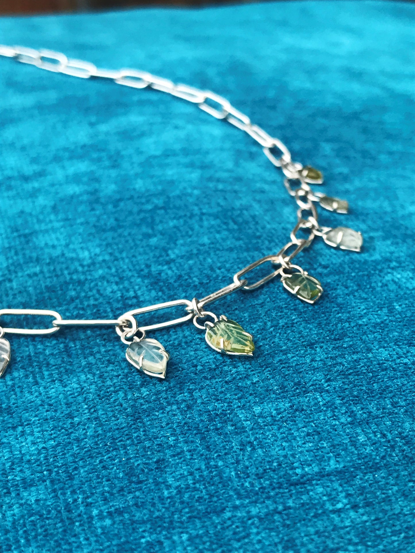 Carved Tourmaline Leaves and Recycled Sterling Silver Handmade Choker Chain Necklace
