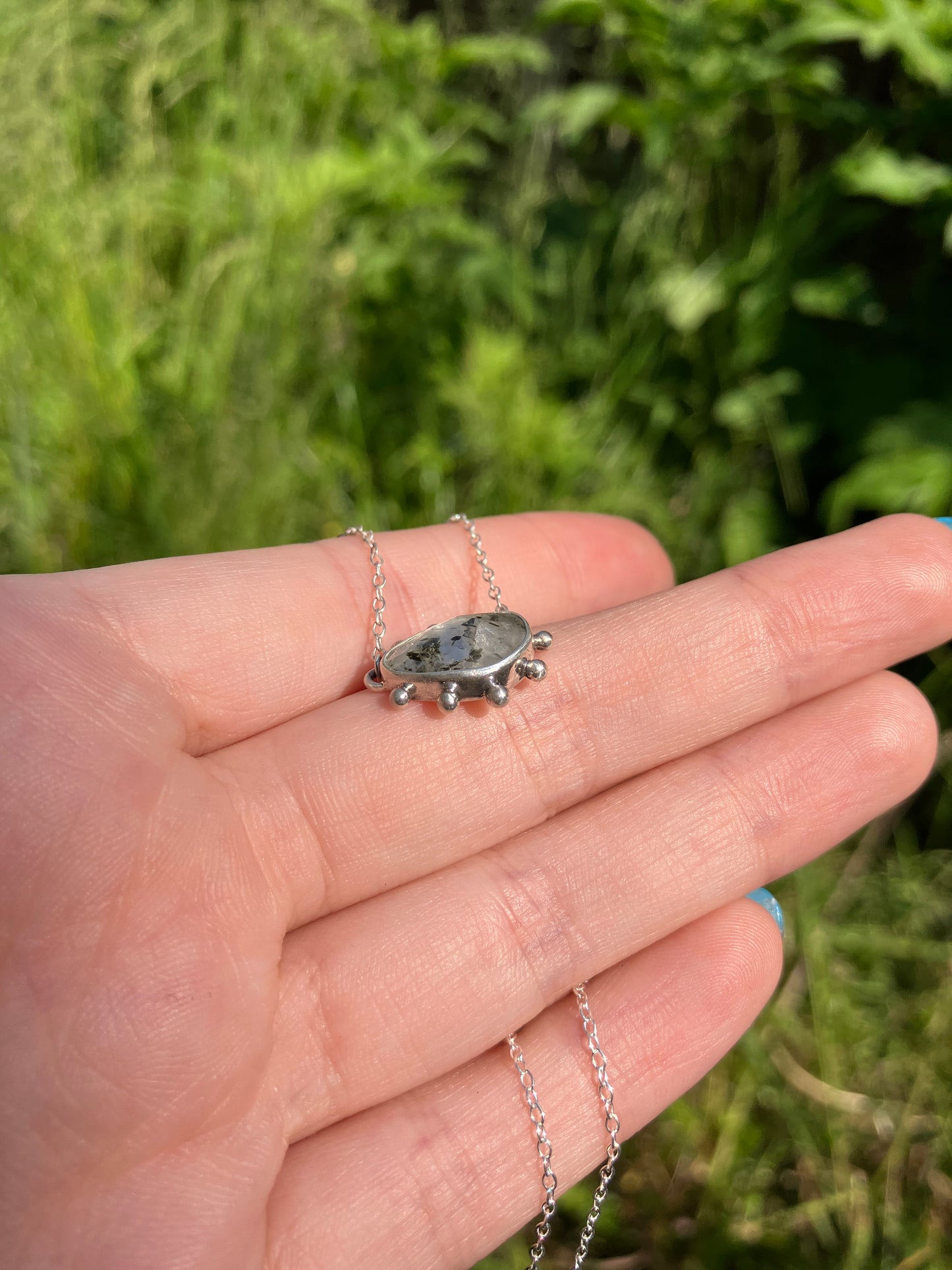 Freeform Tourmalinated Quartz and Recycled Sterling Silver Granulation Pendant Necklace
